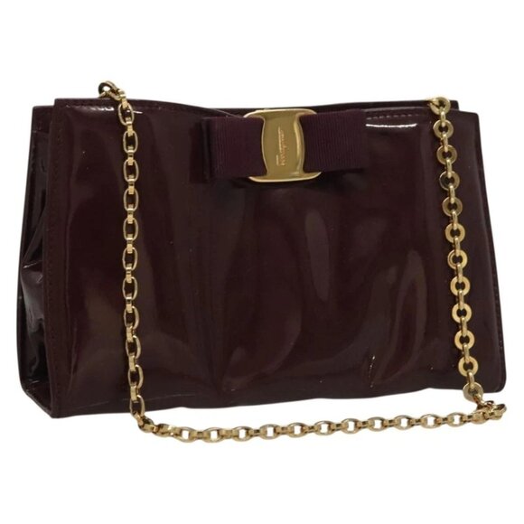 Salvatore Ferragamo Chain Vala Hand Bag Enamel Purple Gold - Picture 1 of 15